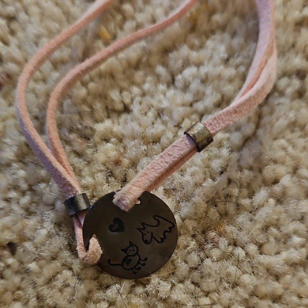 Pink Leather And Silver Necklace with Engraved Charm